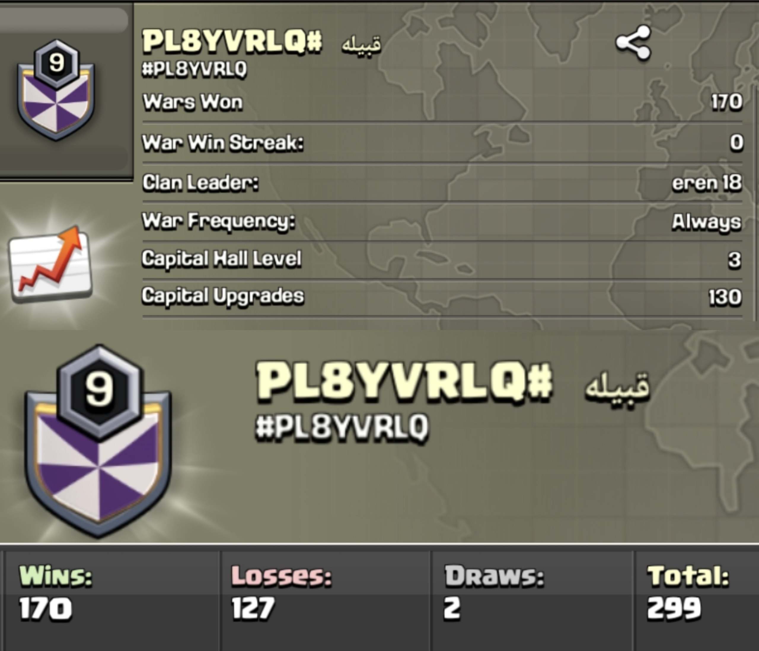 RENAMED CLAN ⚔️ LEVEL: 9 🏯 CAPITAL HALL: 3 ⚡ WAR WON: 170-127 🎖️ CWL: - 💸 CHEAP AVAILABLE