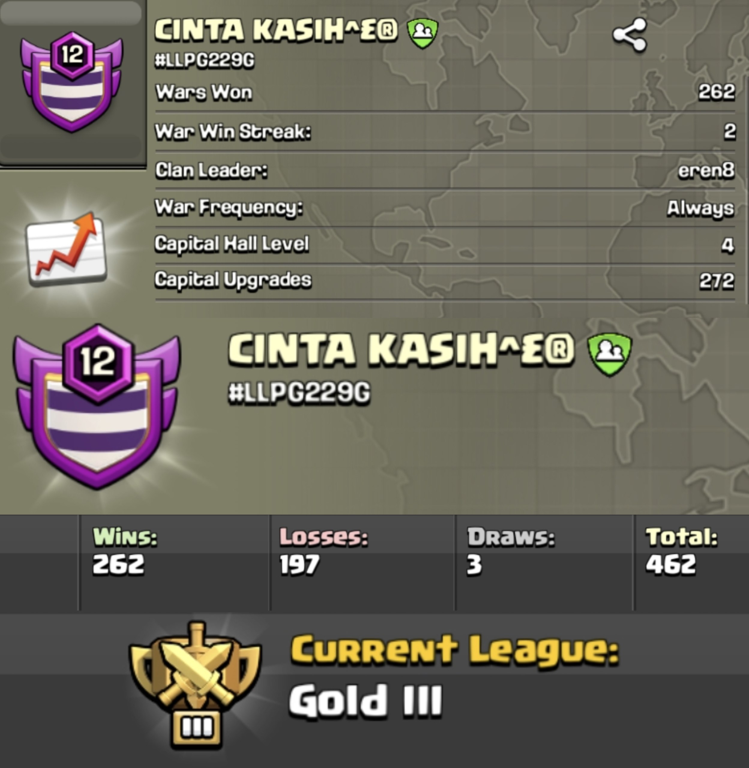 CINTA KASIH^£® 🎯 LEVEL: 12 🏰 CAPITAL HALL: 4 ⚔️ WAR WON: 262-197 🥉 CWL: Gold III 💰 CHEAP AVAILABLE