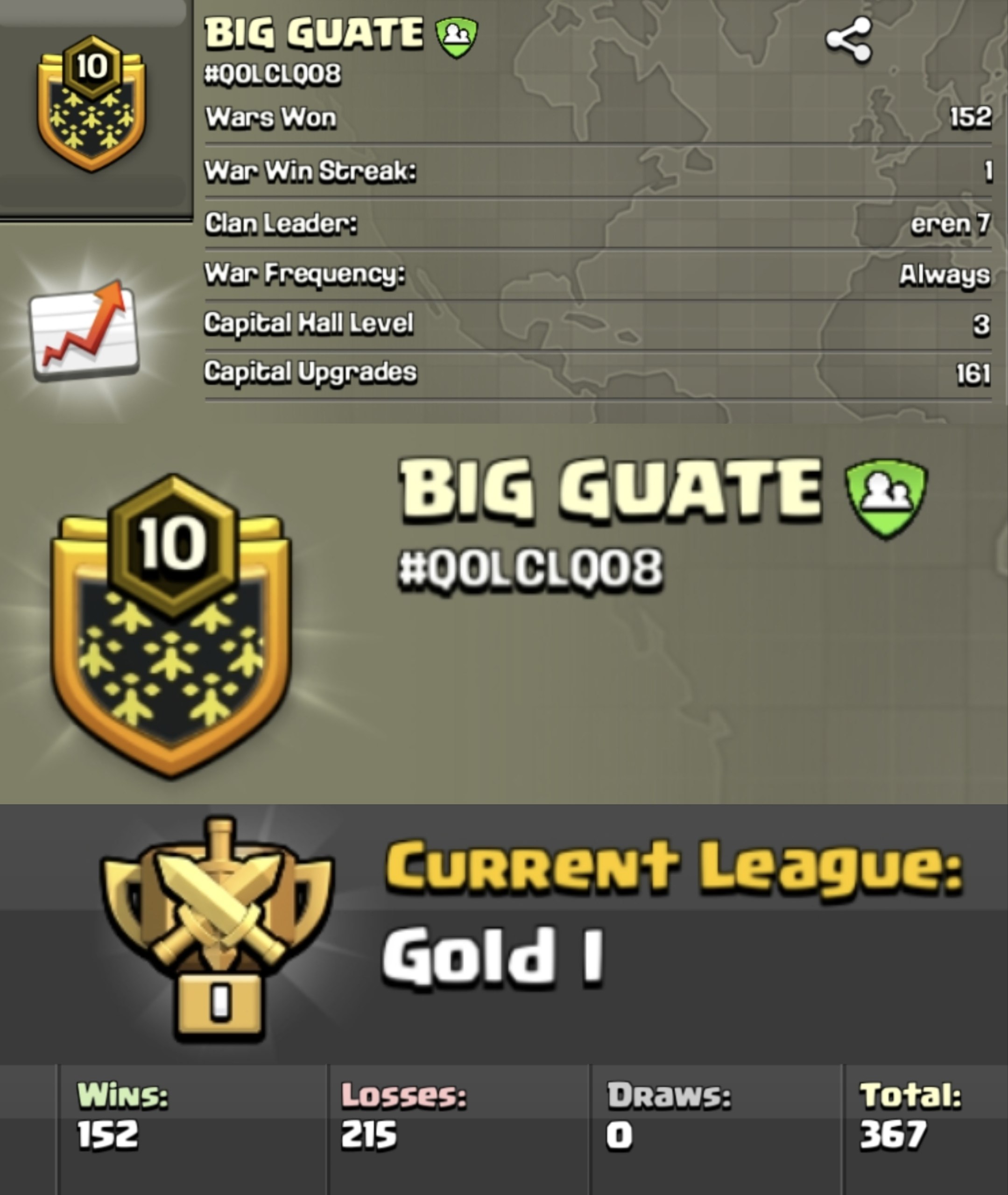 BIG GUATE 🔥 LEVEL: 10 🏯 CAPITAL HALL: 3 ⚔️ WAR WON: 152-215 🥇 CWL: Gold I 💰 CHEAP AVAILABLE