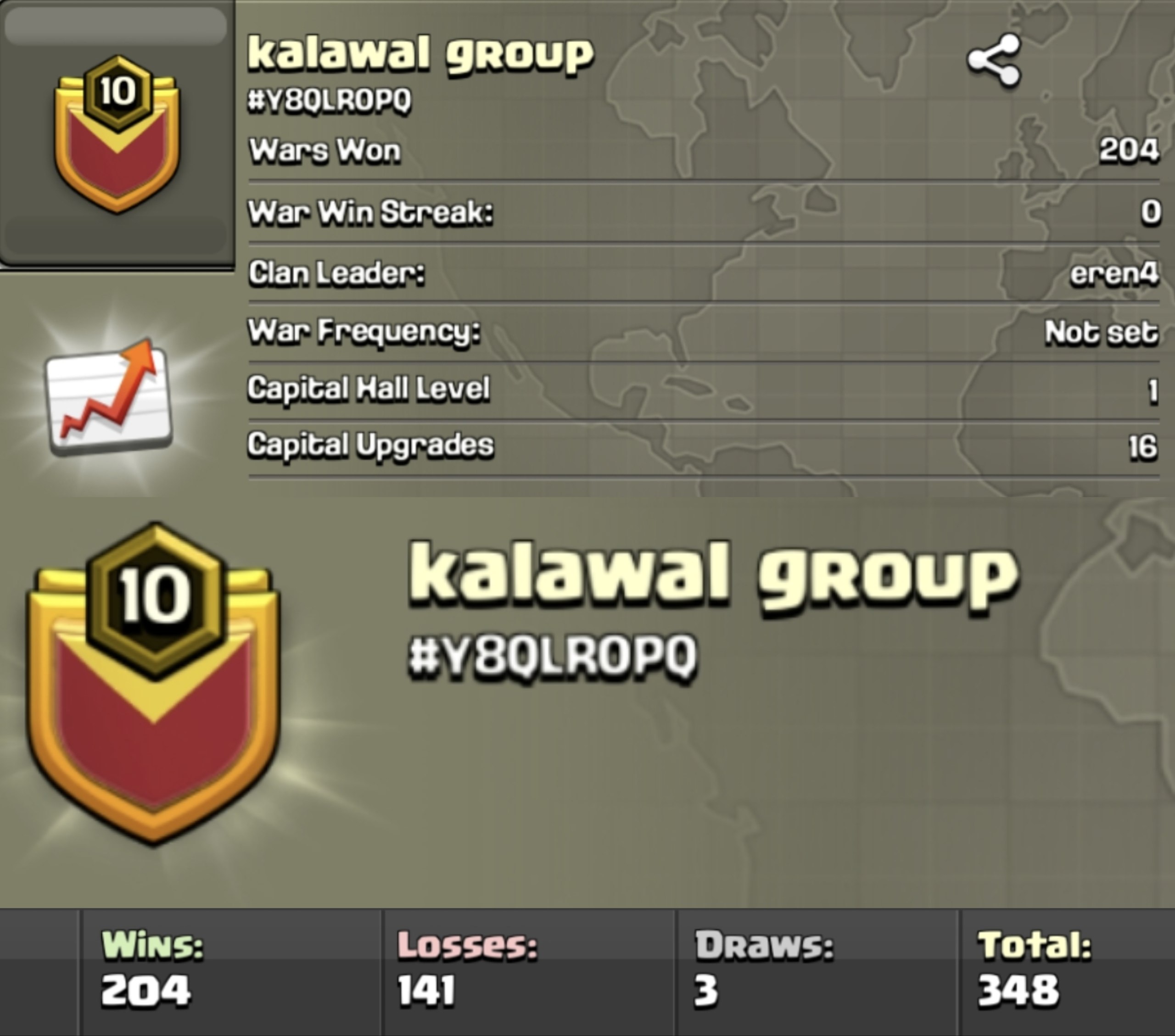 KALAWAL GROUP 🔥 LEVEL: 10 🏰 CAPITAL HALL: 1 ⚡ WAR WON: 204-141 🎖️ CWL: - 💸 CHEAP AVAILABLE