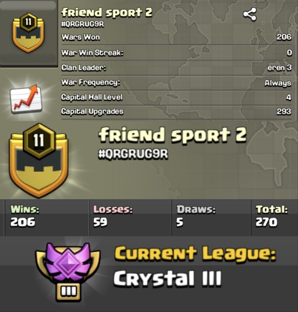 FRIEND SPORT 2 ⚔️ LEVEL: 11 🏯 CAPITAL HALL: 4 🔥 WAR WON: 206-59 💎 CWL: Crystal III 💰 CHEAP AVAILABLE