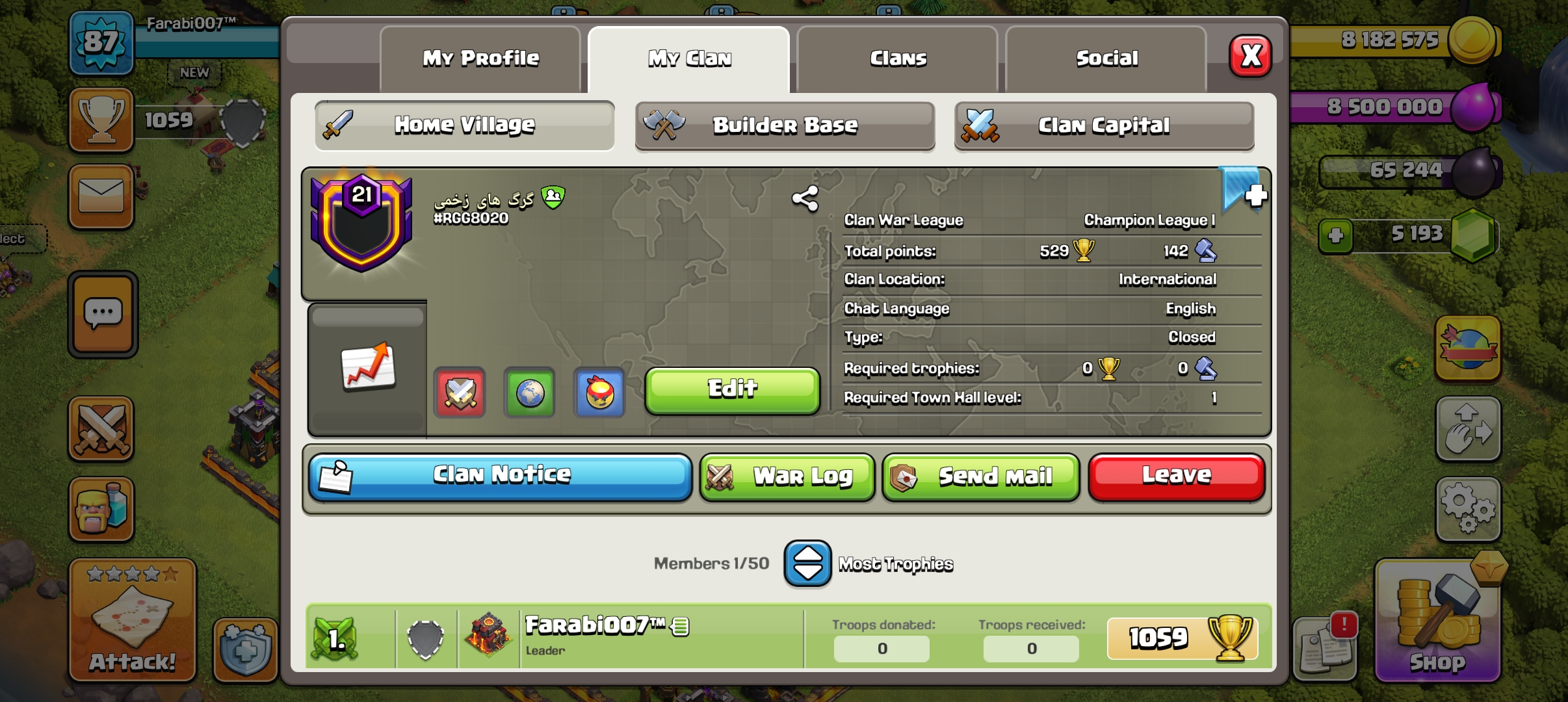 Champion 1 League✅Lvl. 21 Clans✅NAME: Random Name/Arabic Name✅WINS-563 & LOSSES-293✅Clan Capital-09✅VERY GOOD WAR LOG & CWL CHAMPION LEAGUE-1✅FAST DELIVERY