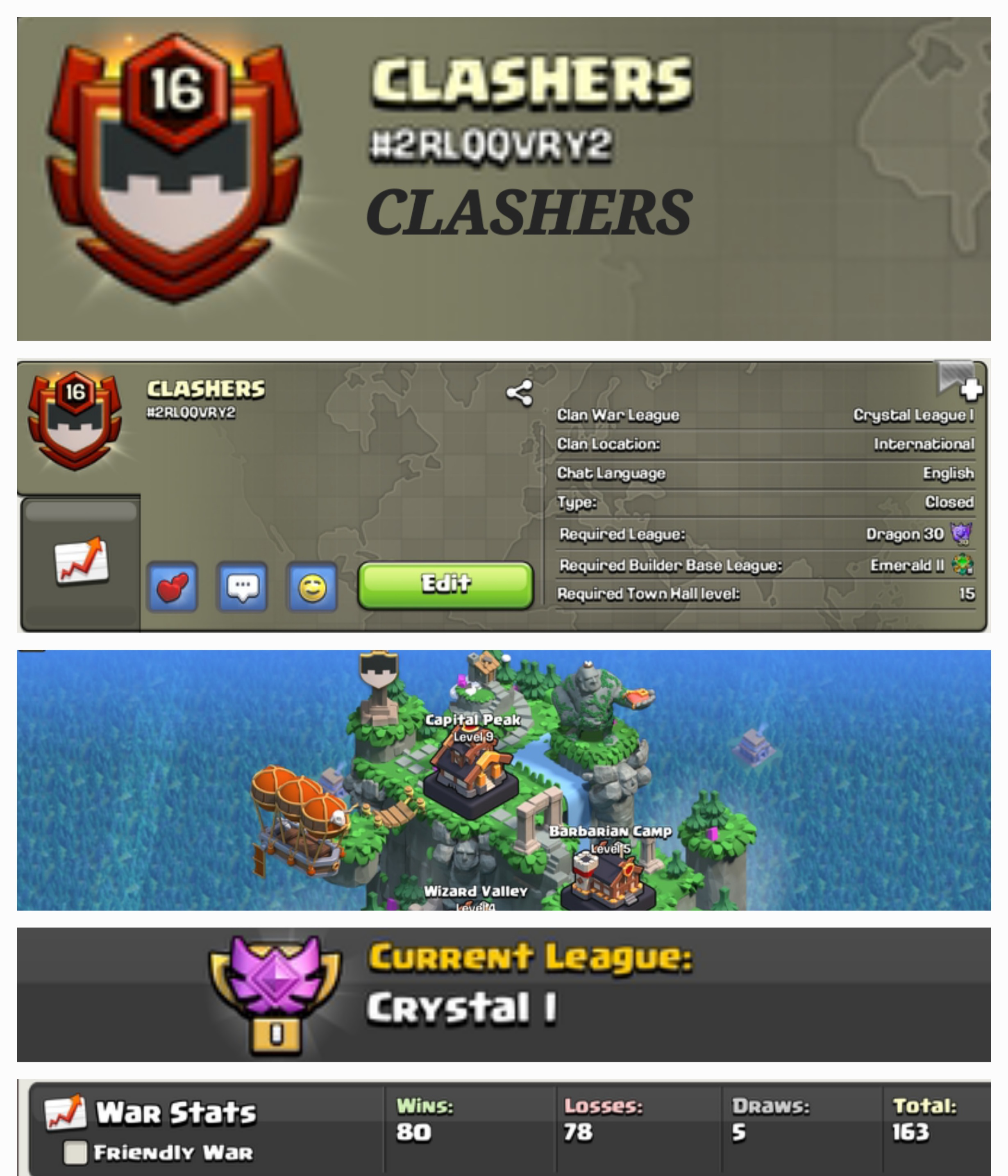 CLASHERS !! LEVEL 16 !! CAPITAL PEAK 9 !! CRYSTAL LEAUGE 1 !! WIN 80 LOSS 78 !! PERFECT NAME !! CHEAP !! FAST DELIVERY