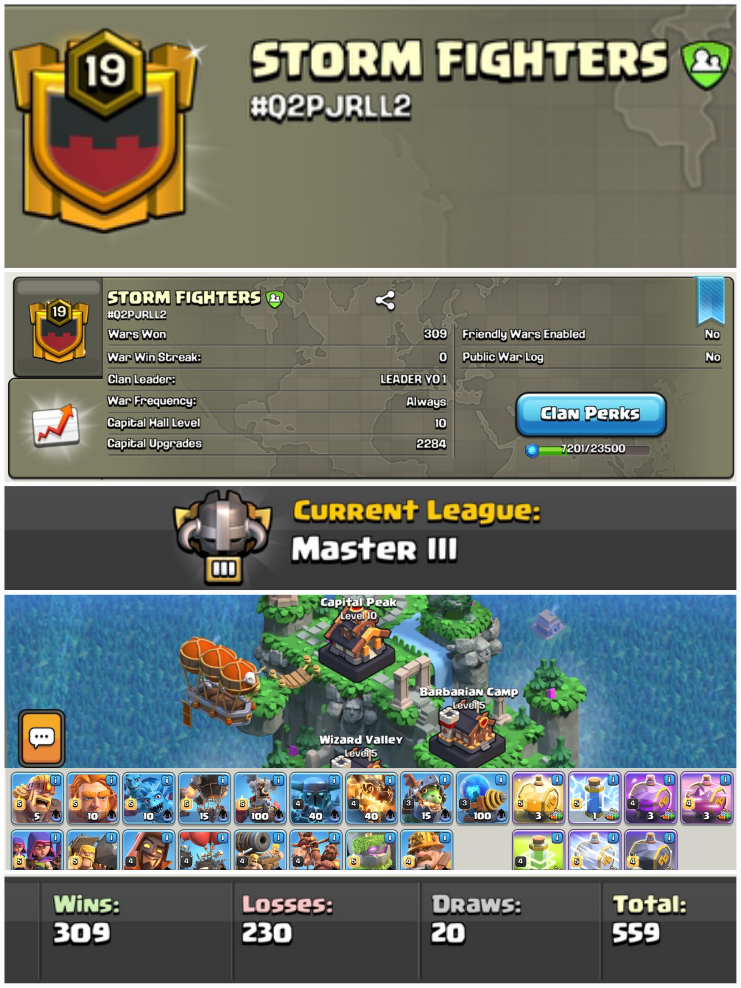 STORM FIGHTERS !! LEVEL 19 !! MASTER LEAUGE 3 !! CAPITAL PEAK 10 ( ALMOST MAX TROOPS)!! WIN 80 LOSS 78 !! PERFECT NAME !! CHEAP !! FAST DELIVERY