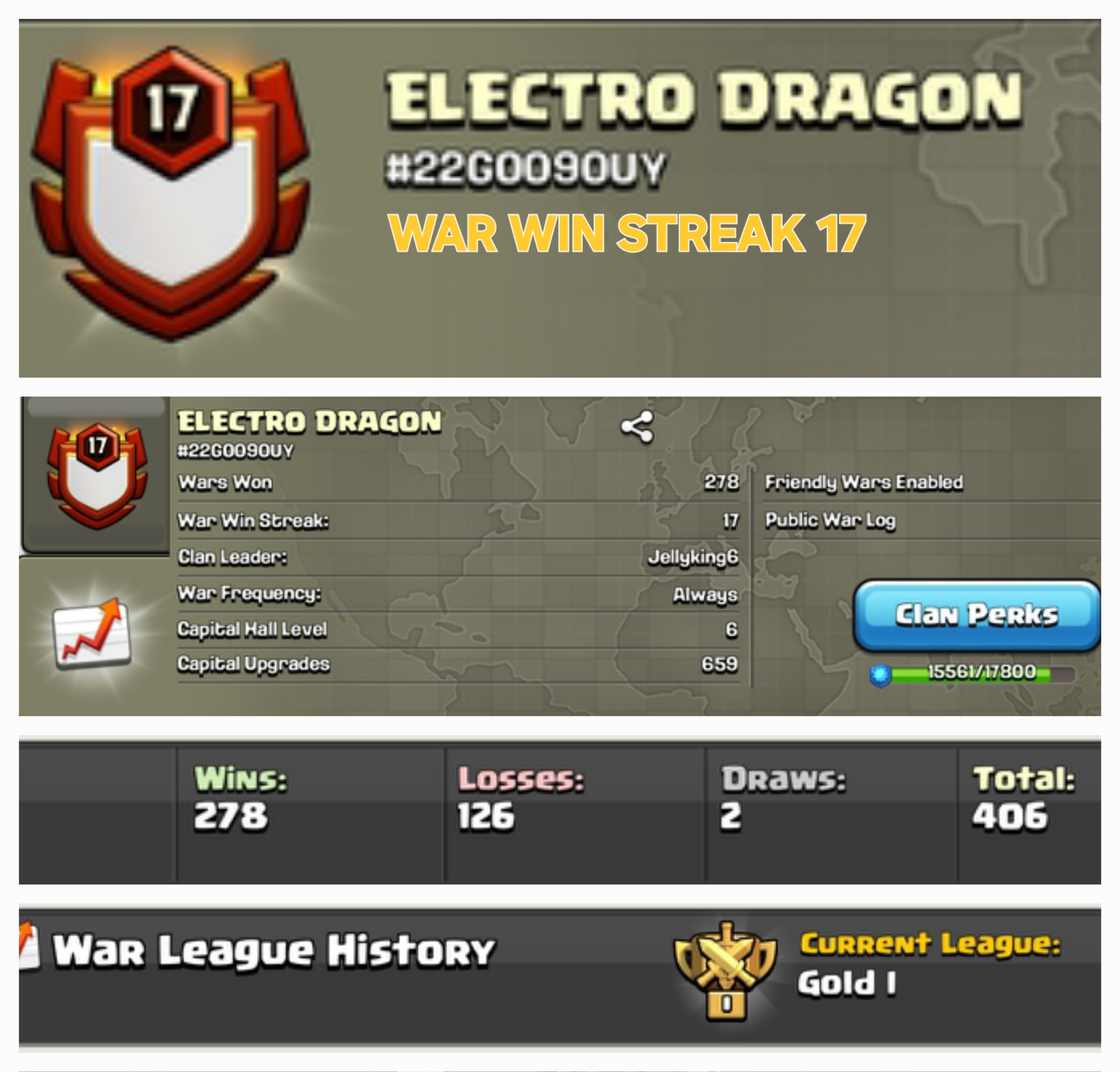 ELECTO DRAGON !! LEVEL 17 (ALMOST LEVEL 18) !! 17 WAR WIN STREAK !! WIN 278 LOSS 126 !! PERFECT NAME !! CHEAP !! FAST DELIVERY