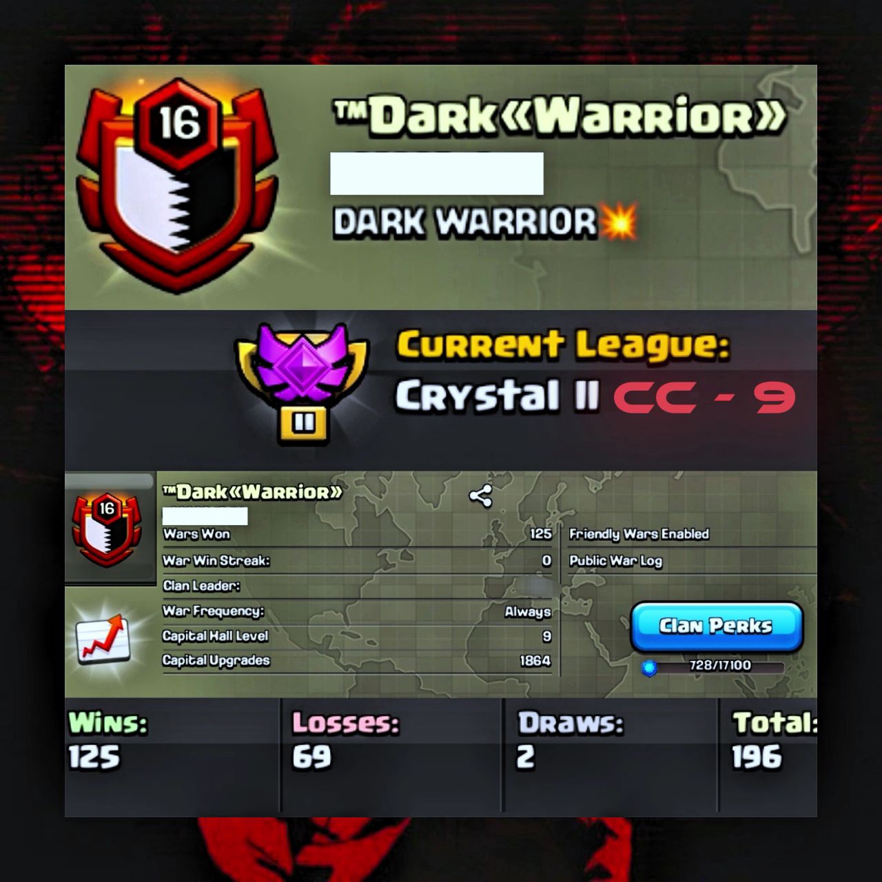 ** DARK WARRIOR ** LVL-16 || ENGLISH NAME || CRSYTAL 2 || CLAN CAPITAL:-9 || GOOD NAME || CHEAPEST