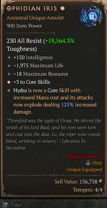 Ophidian Iris 1GA ? Unique Amulet ? Full Max Roll S13 24/7 Online Acc#1C115