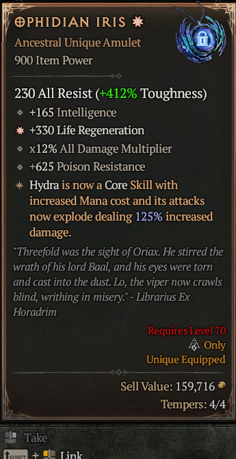Ophidian Iris 1GA ? Unique Amulet ? Full Max Roll S13 24/7 Online Acc#1C116