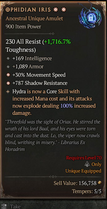 Ophidian Iris 2GA ? Unique Amulet ? Good Roll S13 24/7 Online Acc#1C126