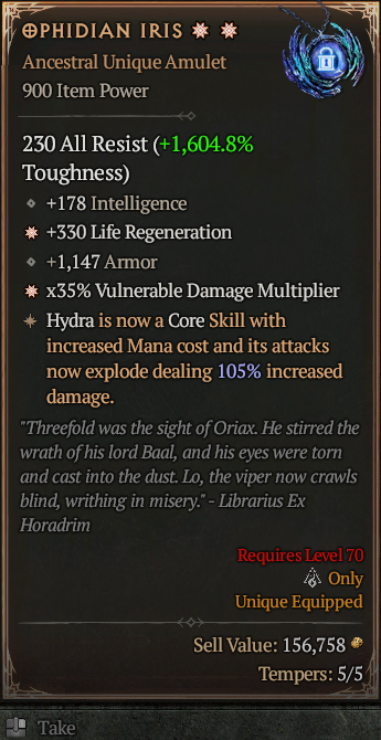 Ophidian Iris 2GA ? Unique Amulet ? Good Roll S13 24/7 Online Acc#1C127