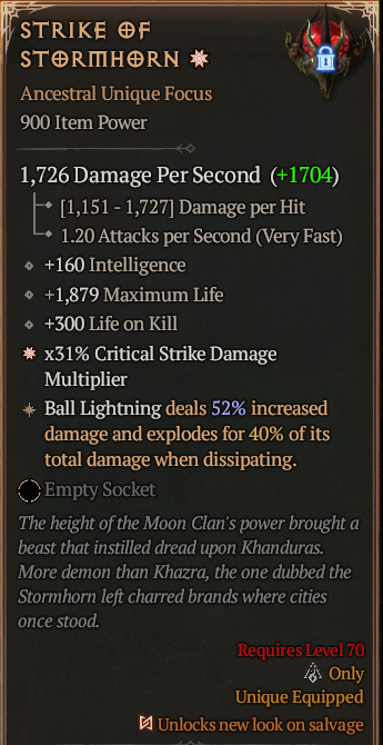 Strike of Stormhorn 1GA ? Unique Focus ? Good Roll S13 24/7 Online Acc#1C128
