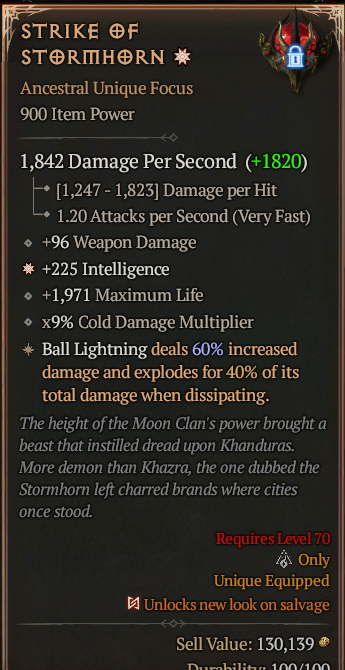 Strike of Stormhorn 1GA ? Unique Focus ? Good Roll S13 24/7 Online Acc#1C129