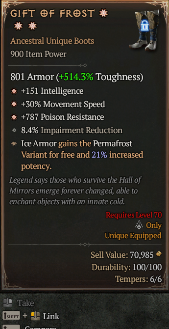 Gift of Frost 3GA ? Unique Boots ? Good Roll S13 24/7 Online Acc#1C134