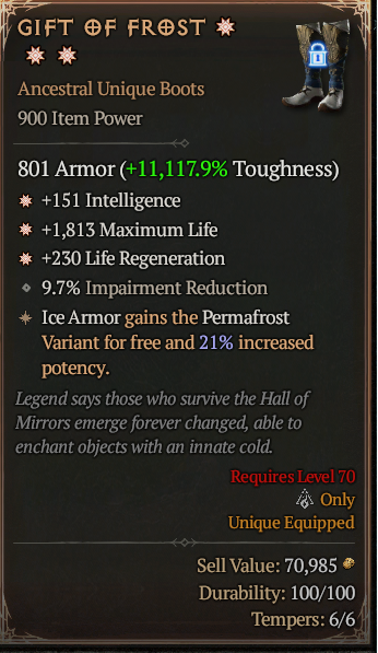 Gift of Frost 3GA ? Unique Boots ? Good Roll S13 24/7 Online Acc#1C135