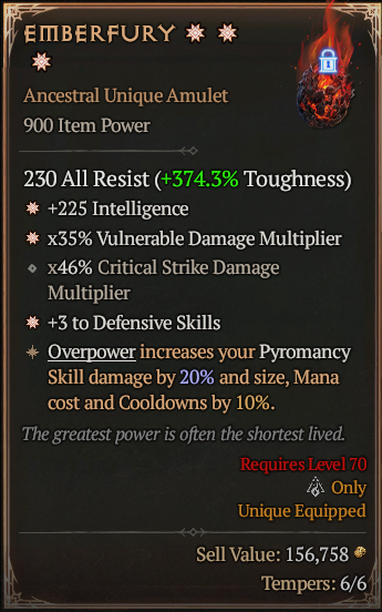 Emberfury 3GA ? Unique Amulet ? Good Roll S13 24/7 Online Acc#1C138