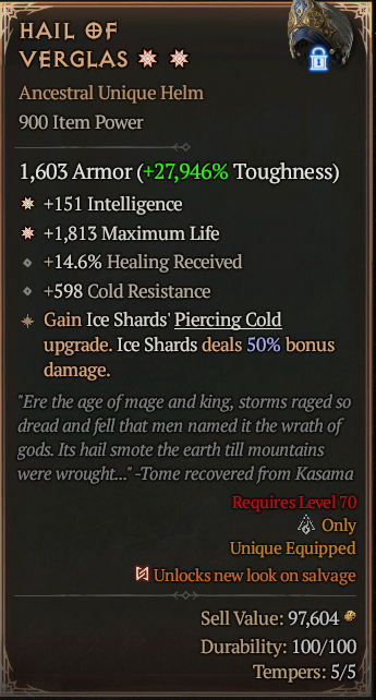 Hail of Verglas 2GA ? Unique Helm ? Full Max Roll S13 24/7 Online Acc#1C1310
