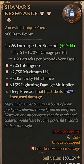 Shanar's Resonance 3GA ? Unique Focus ? High Roll S13 24/7 Online Acc#1C147