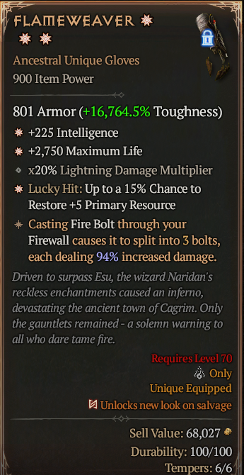Flameweaver 3GA ? Unique Gloves ? High Roll S13 24/7 Online Acc#1C149