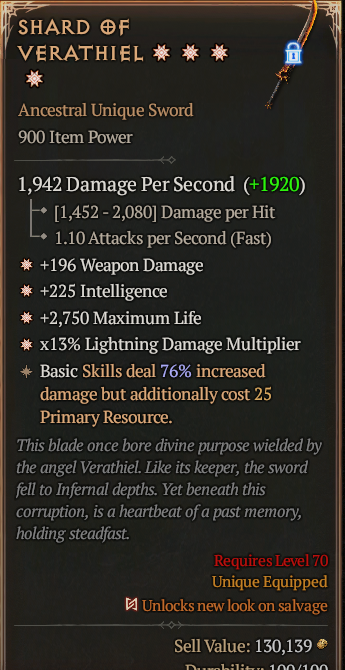 Shard of Verathiel 4GA ? Unique Sword ? Good Roll S13 24/7 Online Acc#1C158