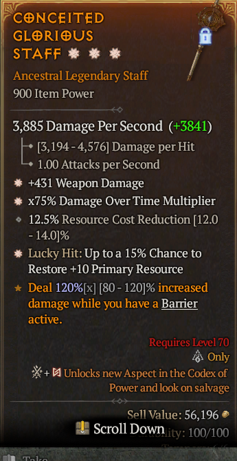 Legendary Staff Weapon Dmg(GA) DoT Multi(GA) Lucky 15% Res// S13 24/7 Online Acc#1C215