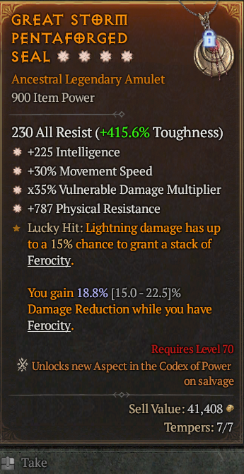 Legendary Amulet Int(GA) MS(GA) Vuln Multi(GA)/Phys Res(GA)/ S13 24/7 Online Acc#1C217