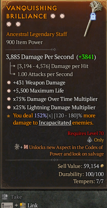 Legendary Staff Weapon Dmg(GA) Life/HP(GA) DoT Multi(GA)/Lightning Multi(GA)/ S13 24/7 Online Acc#1C221