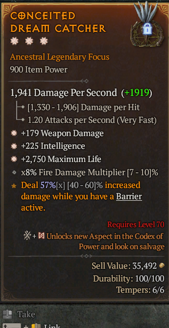 Legendary Focus Weapon Dmg(GA) Int(GA) Life/HP// S13 24/7 Online Acc#1C224