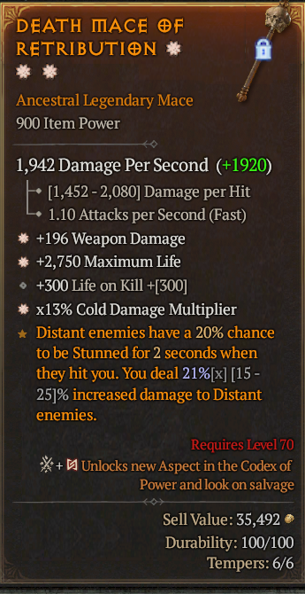 Legendary Mace Weapon Dmg(GA) Life/HP(GA) Cold Multi// S13 24/7 Online Acc#1C227