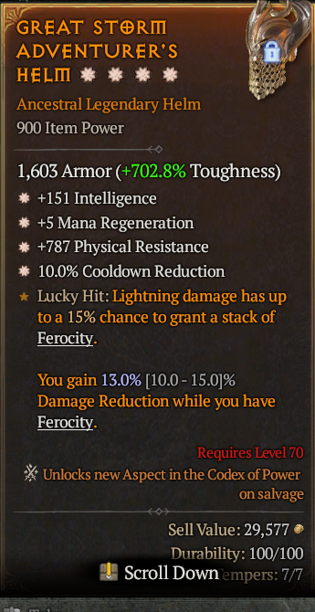 Legendary Helm Int(GA) Mana Regen(GA) Phys Res(GA)/CDR(GA)/ S13 24/7 Online Acc#1C232