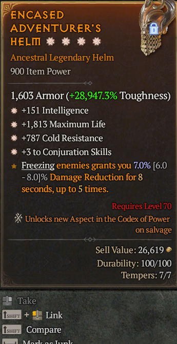 Legendary Helm Int(GA) Life/HP(GA) Cold Res(GA)/Conjuration(GA)/ S13 24/7 Online Acc#1C235