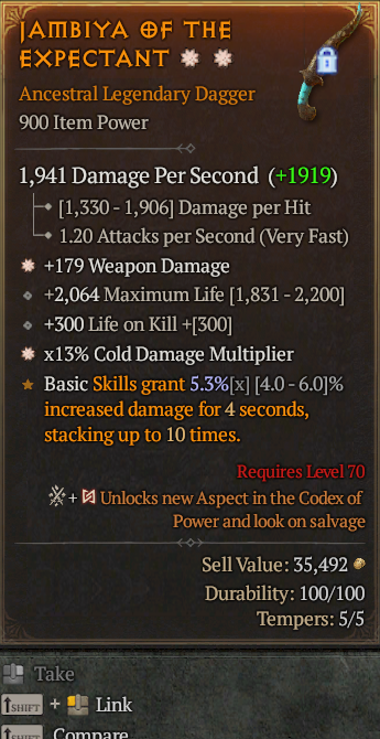 Legendary Dagger Weapon Dmg(GA) Life/HP(GA) Cold Multi// S13 24/7 Online Acc#1C242