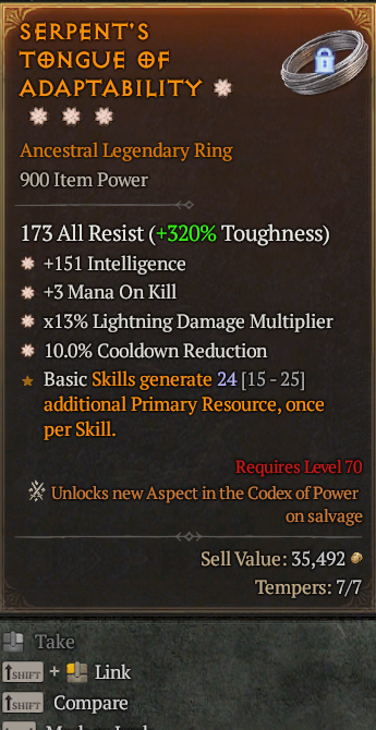 Legendary Ring Int(GA) Mana/Kill(GA) Lightning Multi(GA)/CDR(GA)/ S13 24/7 Online Acc#1C245