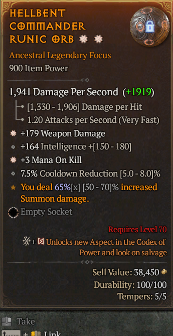 Legendary Focus Weapon Dmg(GA) Mana/Kill(GA) // S13 24/7 Online Acc#1C253