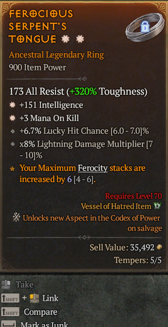 Legendary Ring Int(GA) Mana/Kill(GA) // S13 24/7 Online Acc#1C315