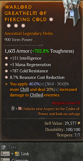 Legendary Helm Int(GA) Mana Regen(GA) Cold Res(GA)/RCR(GA)/ S13 24/7 Online Acc#1C3210