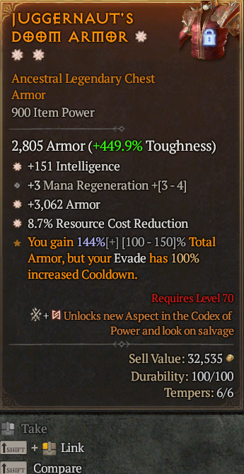 Legendary Chest Armor Int(GA) Armor(GA) RCR// S13 24/7 Online Acc#1C332