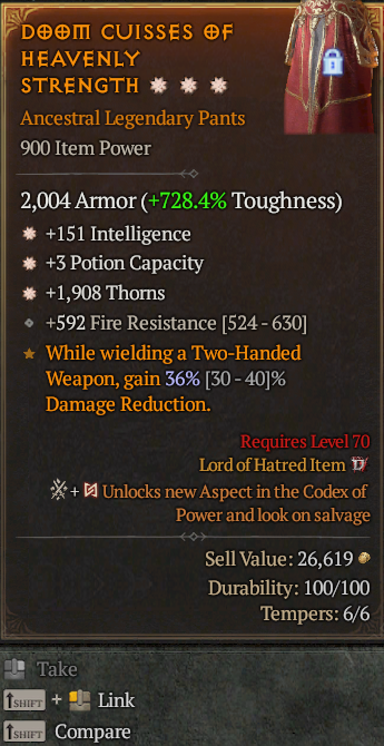 Legendary Pants Int(GA) Pot(GA) Thorns// S13 24/7 Online Acc#1C333