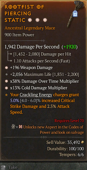 Legendary Mace Weapon Dmg(GA) DoT Multi(GA) Cold Multi// S13 24/7 Online Acc#1C335