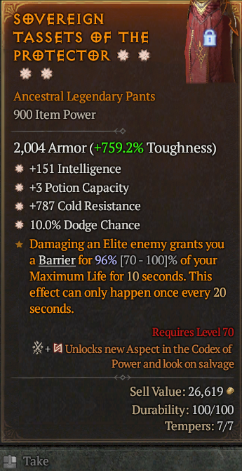 Legendary Pants Int(GA) Pot(GA) Cold Res(GA)/Dodge(GA)/ S13 24/7 Online Acc#1C418