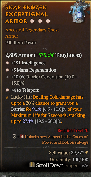 Legendary Chest Armor Int(GA) Mana Regen(GA) Teleport// S13 24/7 Online Acc#1C435