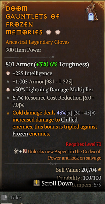 Legendary Gloves Int(GA) Life/HP(GA) Vuln Multi(GA)/Cold Res(GA)/ S13 24/7 Online Acc#1C443