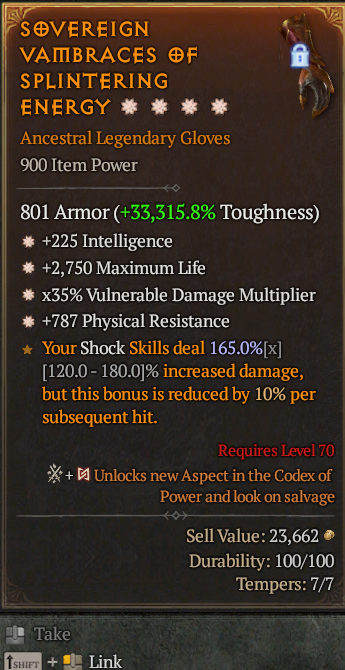 Legendary Gloves Int(GA) Life/HP(GA) Vuln Multi(GA)/Phys Res(GA)/ S13 24/7 Online Acc#1C446