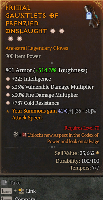Legendary Gloves Int(GA) Vuln Multi(GA) Fire Multi(GA)/Cold Res(GA)/ S13 24/7 Online Acc#1C451