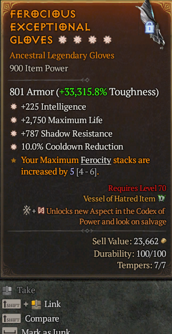 Legendary Gloves Int(GA) Life/HP(GA) Shadow Res(GA)/CDR(GA)/ S13 24/7 Online Acc#1C453