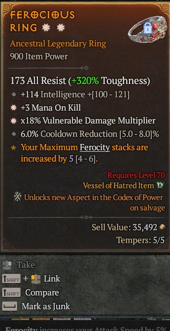 Legendary Ring Mana/Kill(GA) Vuln Multi(GA) // S13 24/7 Online Acc#1C455