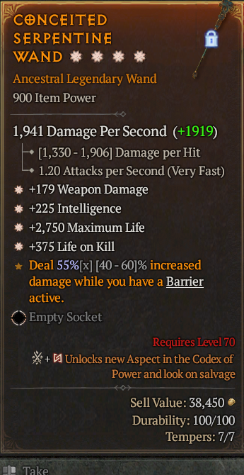 Legendary Wand Weapon Dmg(GA) Int(GA) Life/HP(GA)/Life/Kill(GA)/ S13 24/7 Online Acc#1C459