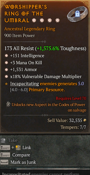Legendary Ring Int(GA) Mana/Kill(GA) Armor(GA)/Vuln Multi(GA)/ S13 24/7 Online Acc#1C519