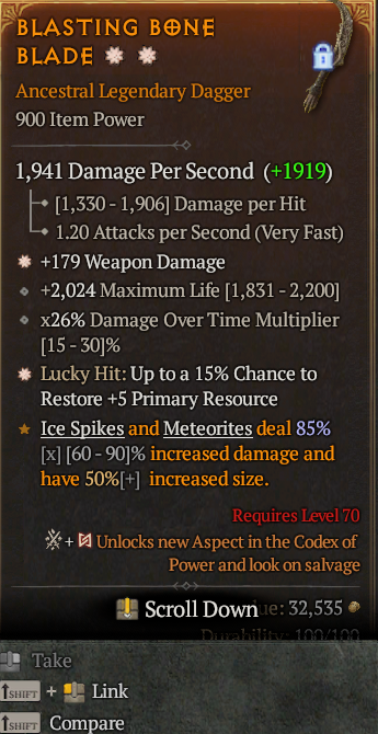Legendary Dagger Weapon Dmg(GA) Lucky 15% Res(GA) // S13 24/7 Online Acc#1C523