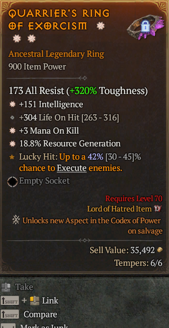 Legendary Ring Int(GA) Mana/Kill(GA) Res Gen// S13 24/7 Online Acc#1C531
