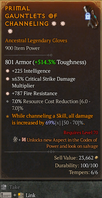Legendary Gloves Int(GA) CDM(GA) Fire Res// S13 24/7 Online Acc#1C542